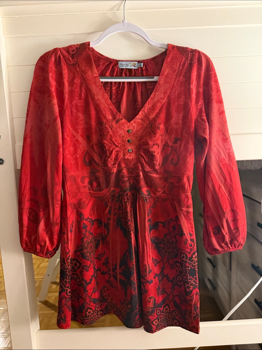 Bright Red Printed V-Neck Tunic Babydoll Top